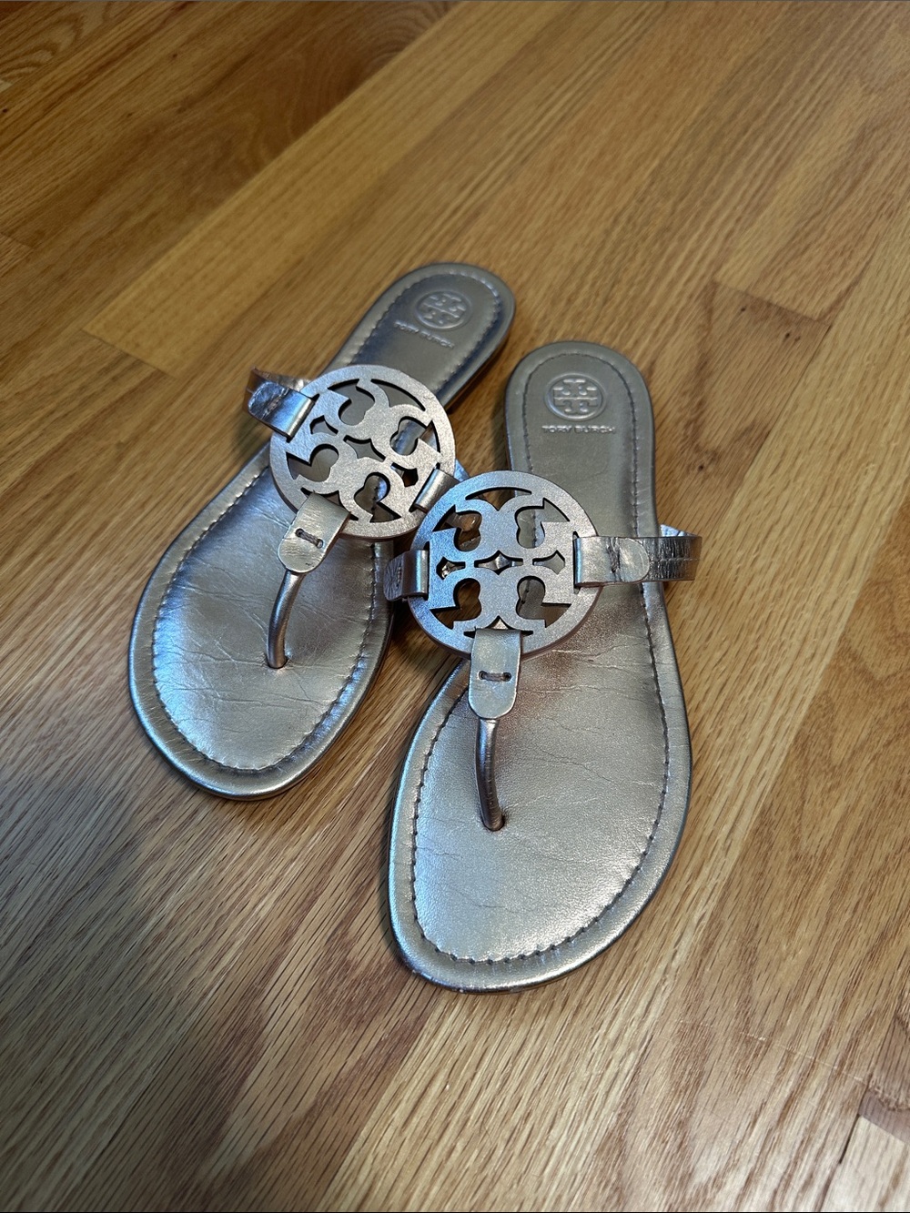 Tory Burch Rose Gold Logo Thong Sandals